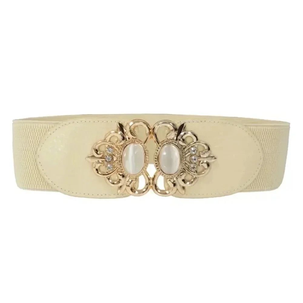 ATLAS High Quality Vegan Leather Embellished Elastic Belt CREAM - GOLD